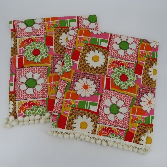 Retro 2 Curtains Pink White Yellow Orange Floral Flower Patchwork Pom Pom Trim - Picture 7 of 8